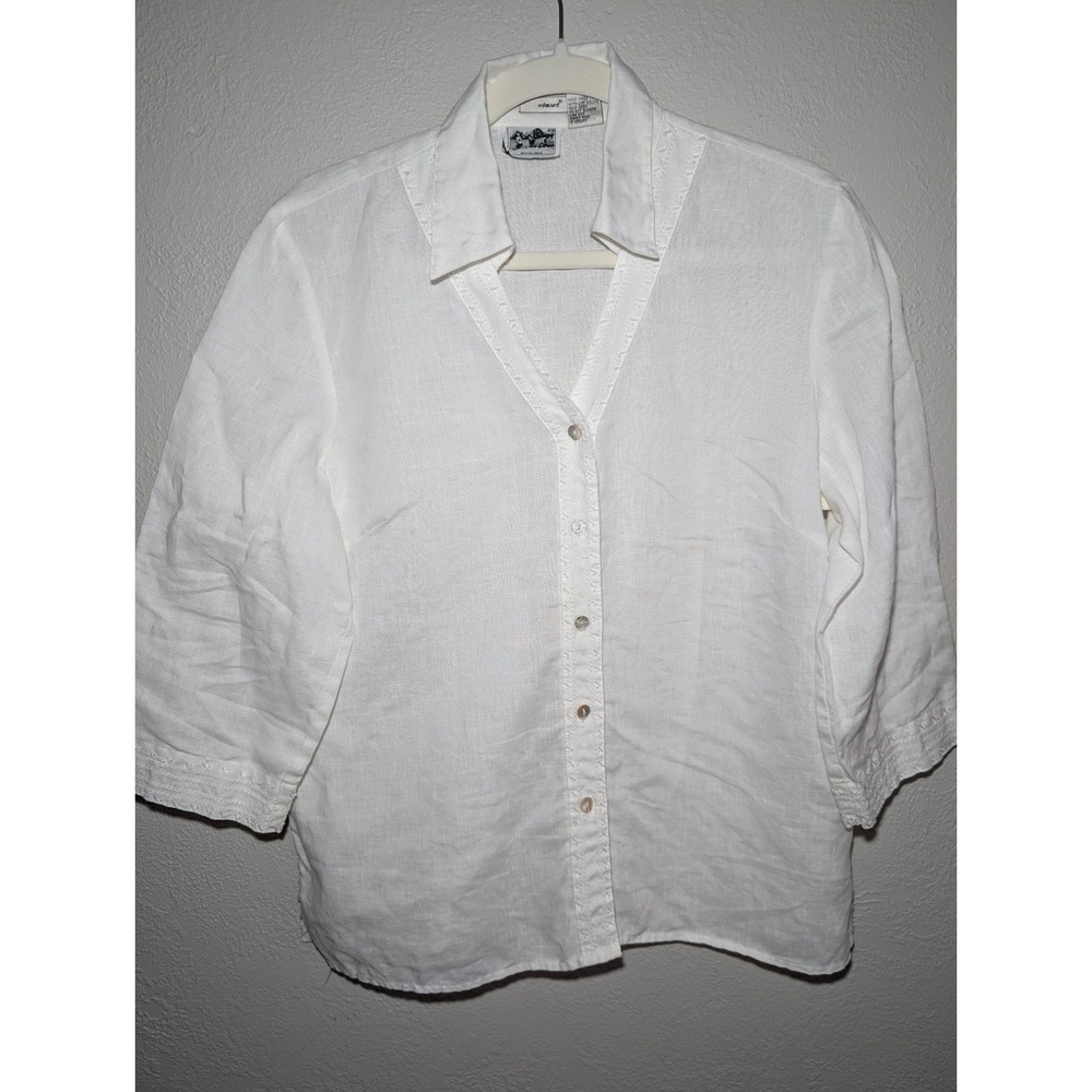 Edward Irish Linen Shirt Women L White Button Beaded Quiet Luxury Coastal Good